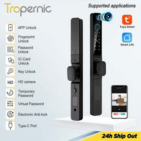 Tropernic Y02 Tuya WiFi Smart Door Lock พร้อมกล้องรักษาความปลอดภัย ล็อคประตูแบบเลื่อนด้วยลายนิ้วมือพร้อมปุ่มล็อคอิเล็กทรอนิกส์ รหัสรักษาความปลอดภัยสำหรับประตูบ้านดิจิทัล