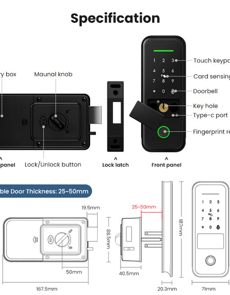 R7-Keyless Entry Electric Rim Lock TTLock App Remote Control, Biometric Fingerprint Smart Door Lock with Password/Key/IC Card Unlock