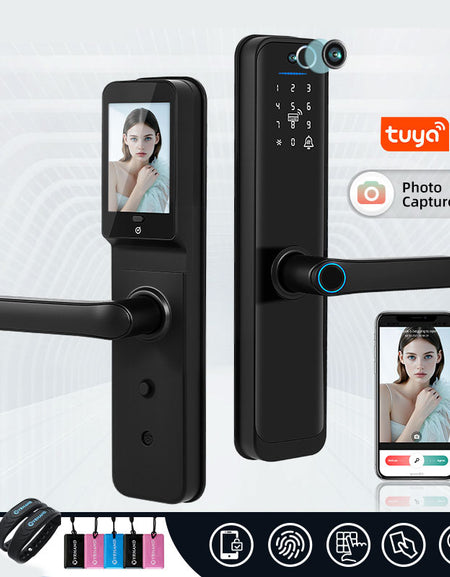 X9pro-TUYA App Biometric Fingerprint Smart Door Lock with Camera,RFID Card/Digital Passcode/Key/App Remote Unlock,Keyless Entry Electronic Smart Door Lock for Home Apartment