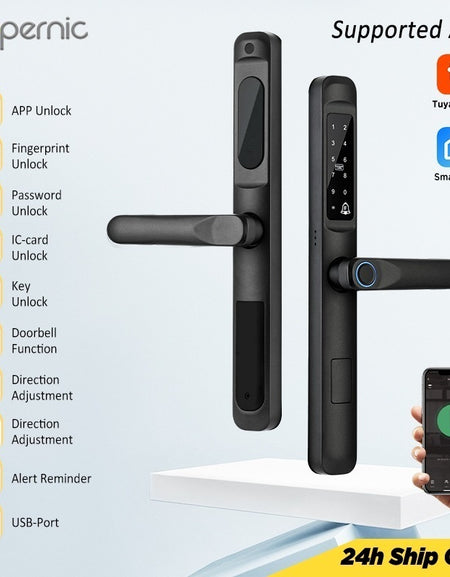 Tropernic A6 5 In 1 Tuya Smart Door Lock with Doorbell Function Waterproof Fingerprint Sliding Door Lock Zinc Alloy Electronic Lock Digital Password Lock For Aluminum Door