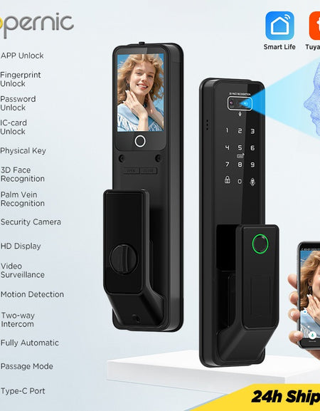Tropernic G2-ULTRA Tuya Smart Door Lock with Video Surveillance 3D Face Palmprint Unlock Fully Automatic Digital Door Lock APP User Management Remote Unlock Fingerprint Tombol Pintu Rumah for Wooden Door