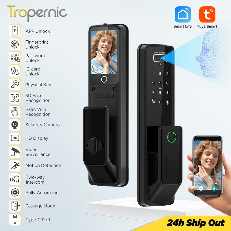 Tropernic G2-ULTRA Tuya Smart Door Lock with Video Surveillance 3D Face Palmprint Unlock Fully Automatic Digital Door Lock APP User Management Remote Unlock Fingerprint Tombol Pintu Rumah for Wooden Door