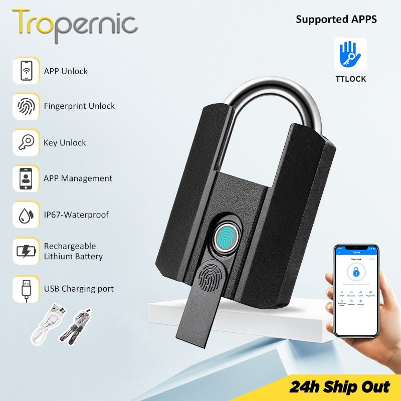 Tropernic 916 TTLOCK Smart Padlock IP67 Waterproof Fingerprint Padlock Bluetooth Unlock USB Rechargeable Portable Mini Anti-Theft Padlock With Key