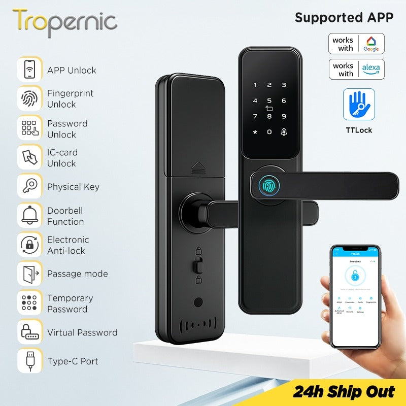 Tropernic DG01 TTLOCK Smart Door Lock with Doorbell APP Management Fingerprint Tombol Pintu Rumah Anti Theft Password Digital Lock Door Knob for Home Wooden Door