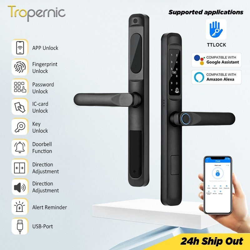 Tropernic A6 TTLOCK Smart Door Lock with Doorbell APP Remote Unlock Waterproof Sliding Door Lock Fingerprint Digital Lock Google Home Amazon Alexa