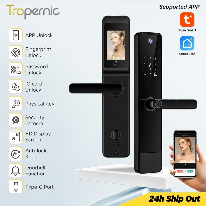 Tropernic YF1 Tuya WiFi Smart Door Lock With Security Camera HD Display Screen Fingerprint Digital Lock with Doorbell Function  Password Electronic Lock with Anti Theft Knob