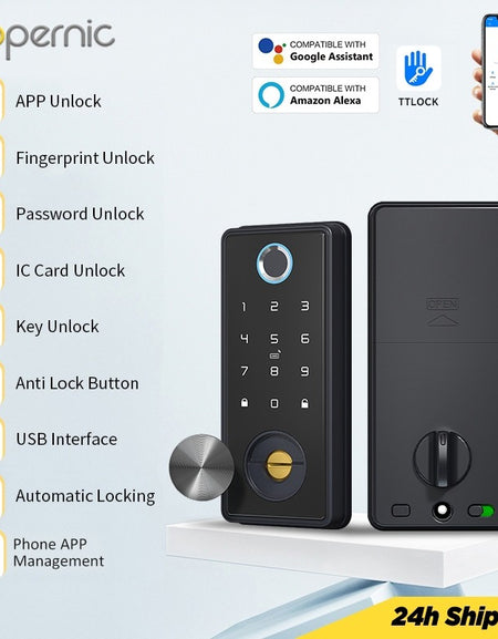 Tropernic T1 TTLOCK Fully Automatic Smart Lock Biometric Fingerprint Digital Door Lock with Sliding Cover Keyhole Password IC Card Key Unlock