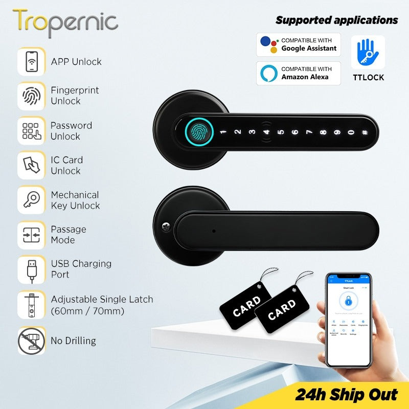 Tropernic C6 TTLOCK 5 In 1  Digital Door Lock APP Remote Unlock Anti Theft Fingerprint Handle Password Smart Lock 60/70MM Single Latch For Bedroom Home Hotel