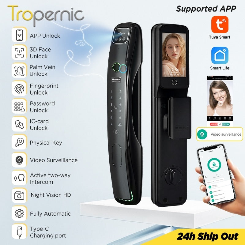 Tropernic N18 7 In 1 Tuya Smart Door Lock with HD Security Camera Video Surveillance Fully Automatic Safety Door Digital Lock with Intercom Function