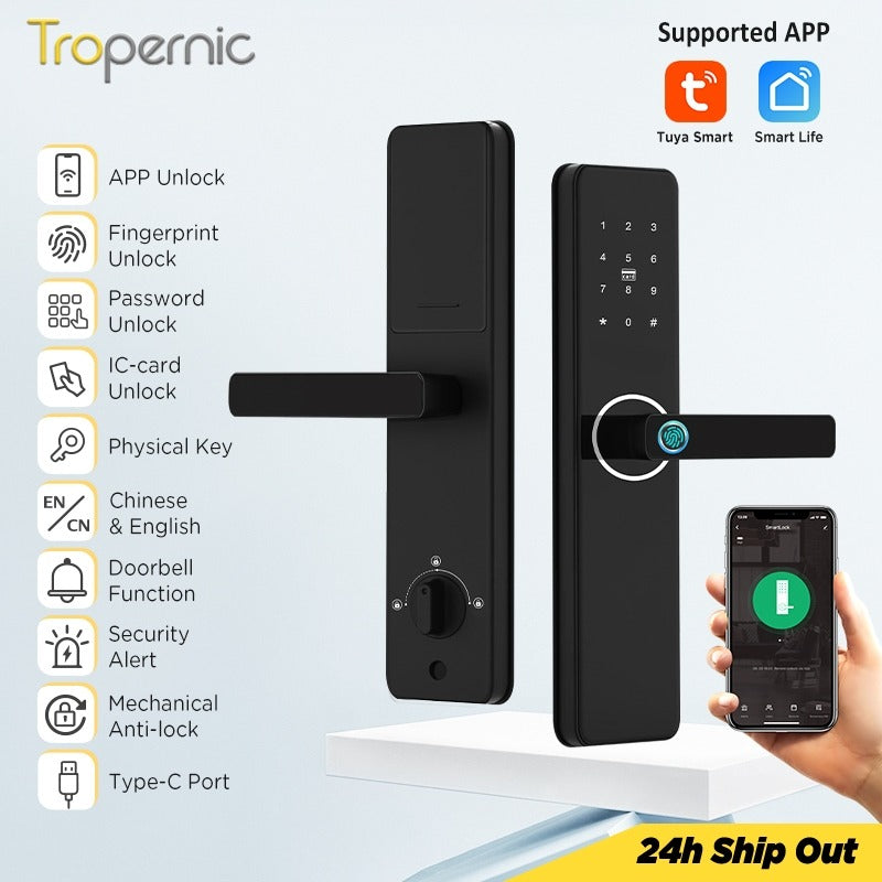 Tropernic Z13P Tuya Smart Door Lock with Doorbell Fingerprint Password Security Door Lock with Mechanical Anti-Lock 6068 Mortise