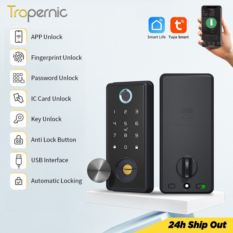 Tropernic T1 Tuya Smart Door Lock WiFi Remote Unlock Digital Password IC Card Biometric Fingerprint Unlock Fully Automatic Electric Deadbolt