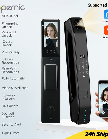 Tropernic Z37 7 In 1 Tuya Smart Door Lock with HD Camera Video Surveillance APP Remote Unlock Fully Automatic Security Door Digital Lock Face Palm Print Unlock Kunci Pintu Rumah