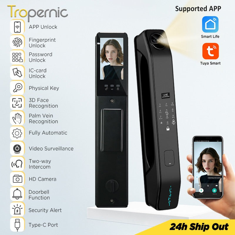 Tropernic Z37 7 In 1 Tuya Smart Door Lock with HD Camera Video Surveillance APP Remote Unlock Fully Automatic Security Door Digital Lock Face Palm Print Unlock Kunci Pintu Rumah