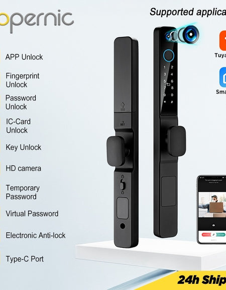 Tropernic Y02 Tuya WiFi Smart Door Lock with Security Camera Fingerprint Sliding Door Lock with Electronic Anti Lock Button Security Password Digital Door Lock for Home