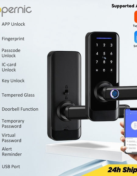 Tropernic A233 5 in 1 Tuya WiFi Smart Door Lock with Doorbell Tempered Glass Panel APP Remote Unlock Fingerprint Digital Lock Password Electronic Lock with Anti Lock Button for Wooden Door