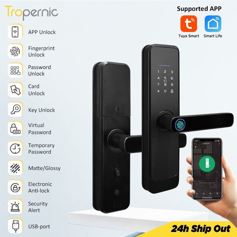 Tropernic H03 5 In 1 Tuya Smart Door Lock with Doorbell Password Digital Lock with Electronic Anti-Lock Fingreprint Kunci Pintu Rumah for Home