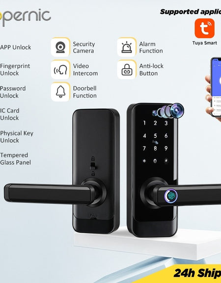 Tropernic A233MY Tuya WiFi Smart Door Lock with Security Camera Two Way Intercom Tempered Glass 5 In 1 Fingerprint Password Digital Door Kock Knob with Doorbell for Wooden Door