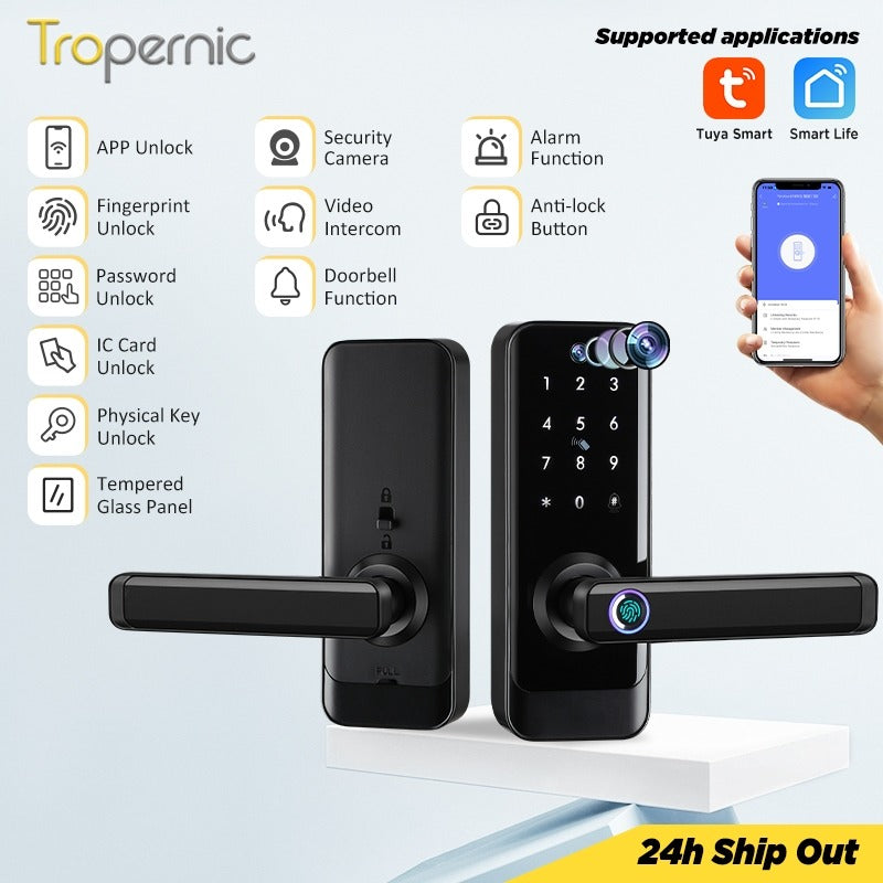 Tropernic A233MY Tuya WiFi Smart Door Lock with Security Camera Two Way Intercom Tempered Glass 5 In 1 Fingerprint Password Digital Door Kock Knob with Doorbell for Wooden Door