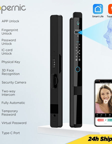 Tropernic Z1PRO Tuya Smart Door Lock with Camera 3D Face Unlock Fully Automatic Kunci Pintu Rumah Two Way Intercom Digital Sliding Door Lock for Aluminum Door