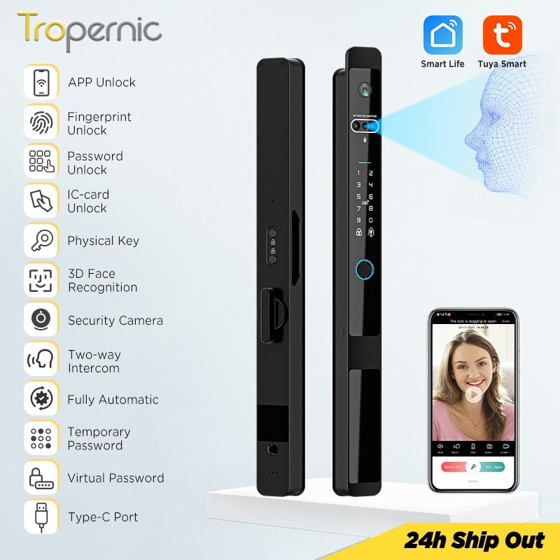 Tropernic Z1PRO Tuya Smart Door Lock with Camera 3D Face Unlock Fully Automatic Kunci Pintu Rumah Two Way Intercom Digital Sliding Door Lock for Aluminum Door