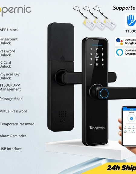 Tropernic K7 5 In 1 TTLOCK Smart Door Lock Fingerprint Lock Pintu Rumah APP Remote Unlock Password Digital Lock for Woodern Door APP Management Google Home Amazon Alexa
