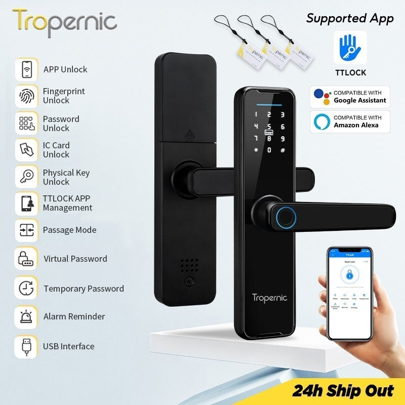 Tropernic K7 5 In 1 TTLOCK Smart Door Lock Fingerprint Lock Pintu Rumah APP Remote Unlock Password Digital Lock for Woodern Door APP Management Google Home Amazon Alexa