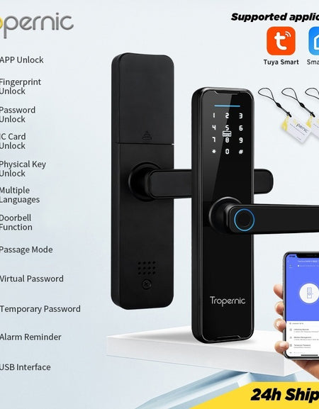 Tropernic K7 5 In 1 Tuya WiFi Smart Door Lock with Doorbell APP Remote Unlock Digital Lock Fingerprint Tombol Pintu Rumah Password Electronic Lock for Home Wooden Door