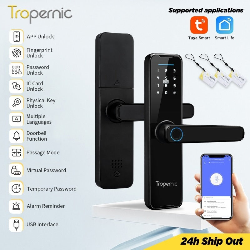 Tropernic K7 5 In 1 Tuya WiFi Smart Door Lock with Doorbell APP Remote Unlock Digital Lock Fingerprint Tombol Pintu Rumah Password Electronic Lock for Home Wooden Door