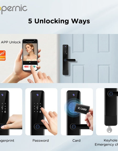 Tropernic YF1 Tuya WiFi Smart Door Lock With Security Camera HD Display Screen Fingerprint Digital Lock with Doorbell Function  Password Electronic Lock with Anti Theft Knob