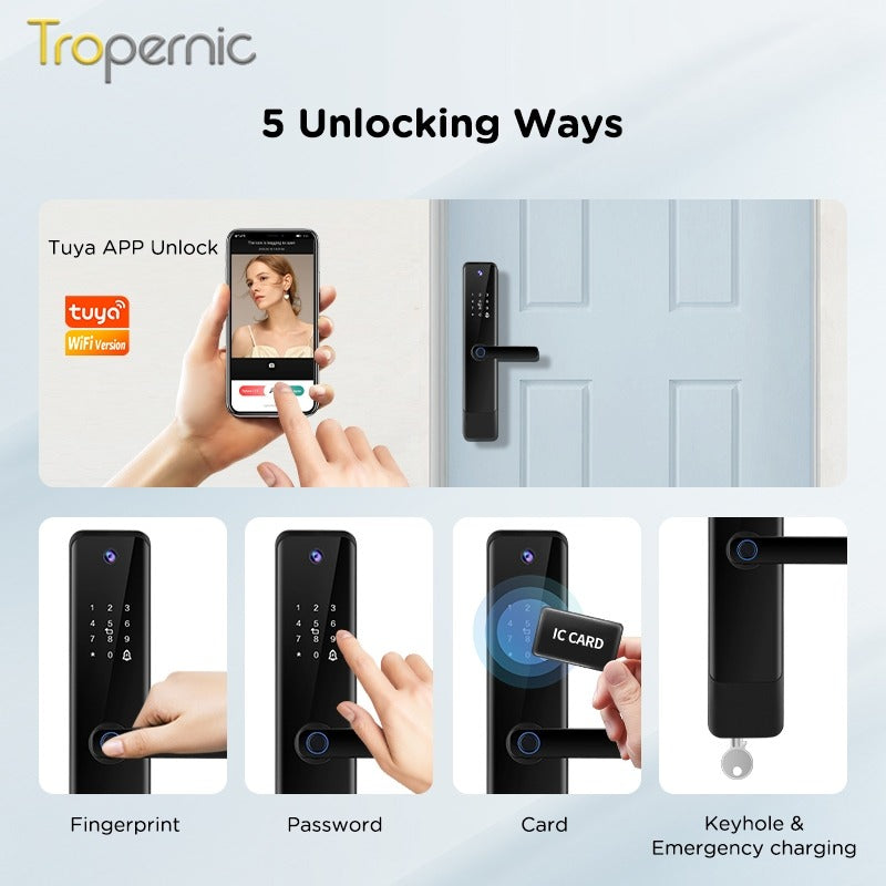 Tropernic YF1 Tuya WiFi Smart Door Lock With Security Camera HD Display Screen Fingerprint Digital Lock with Doorbell Function  Password Electronic Lock with Anti Theft Knob