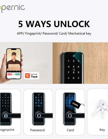 Tropernic A233MY Tuya WiFi Smart Door Lock with Security Camera Two Way Intercom Tempered Glass 5 In 1 Fingerprint Password Digital Door Kock Knob with Doorbell for Wooden Door