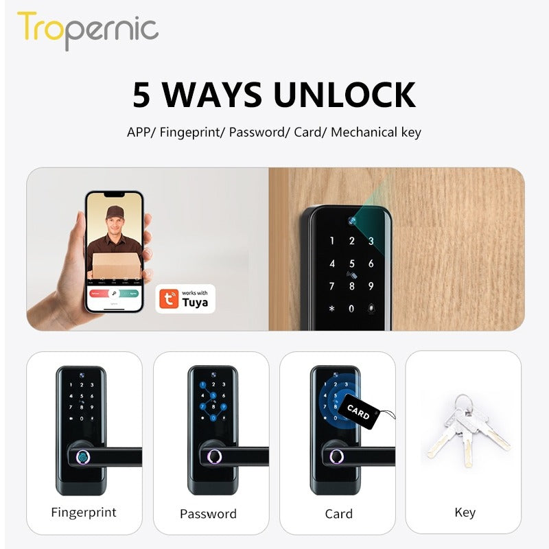 Tropernic A233MY Tuya WiFi Smart Door Lock with Security Camera Two Way Intercom Tempered Glass 5 In 1 Fingerprint Password Digital Door Kock Knob with Doorbell for Wooden Door