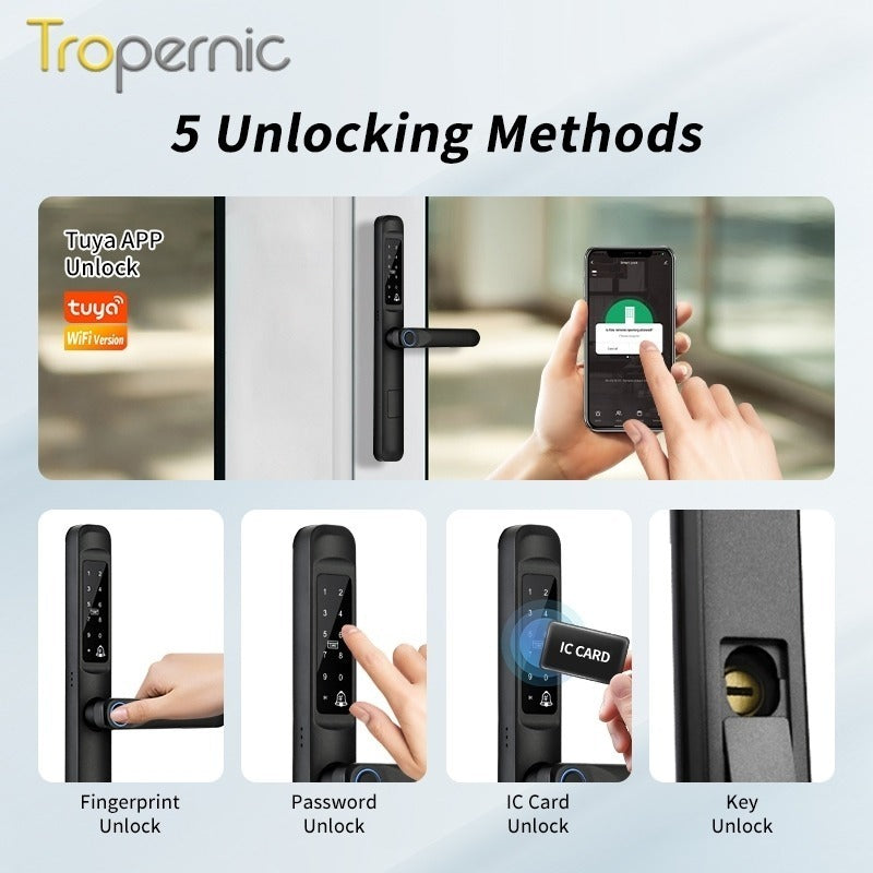 Tropernic A6 5 In 1 Tuya Smart Door Lock with Doorbell Function Waterproof Fingerprint Sliding Door Lock Zinc Alloy Electronic Lock Digital Password Lock For Aluminum Door