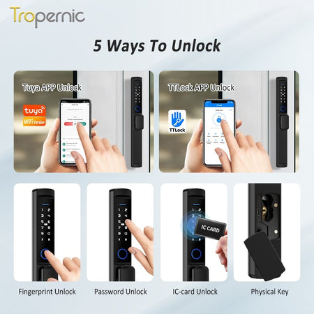 Tropernic F2 Tuya/TTLOCK กลอนประตูดิจิตอลกันน้ำ กันขโมย ทำจากโลหะผสมสังกะสี สำหรับประตูบานเลื่อน แบบมีมือจับสั้น ระบบสแกนลายนิ้วมือ กึ่งอัตโนมัติ สำหรับประตูอะลูมิเนียม