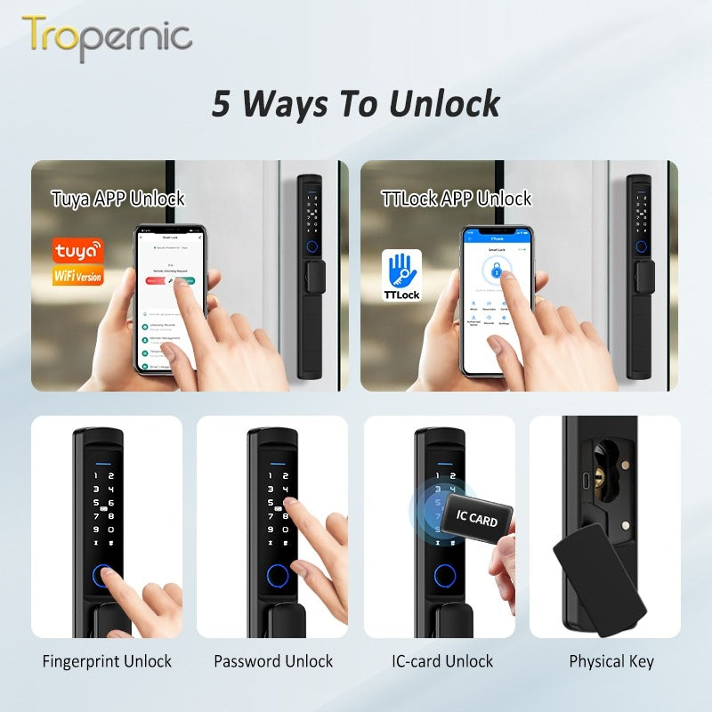 Tropernic F2 Tuya/TTLOCK Waterproof Smart Door Lock Anti Theft Zinc Alloy Sliding Door Lock with Short Handle Semi-Automatic Fingerprint Digital Lock For Aluminum Door
