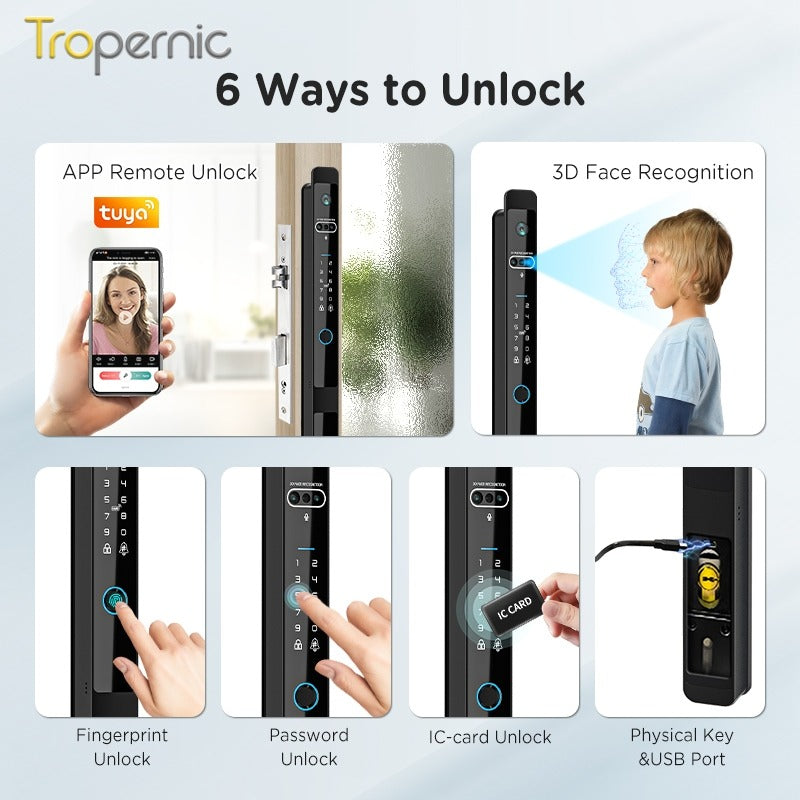 Tropernic Z1PRO Tuya Smart Door Lock with Camera 3D Face Unlock Fully Automatic Kunci Pintu Rumah Two Way Intercom Digital Sliding Door Lock for Aluminum Door