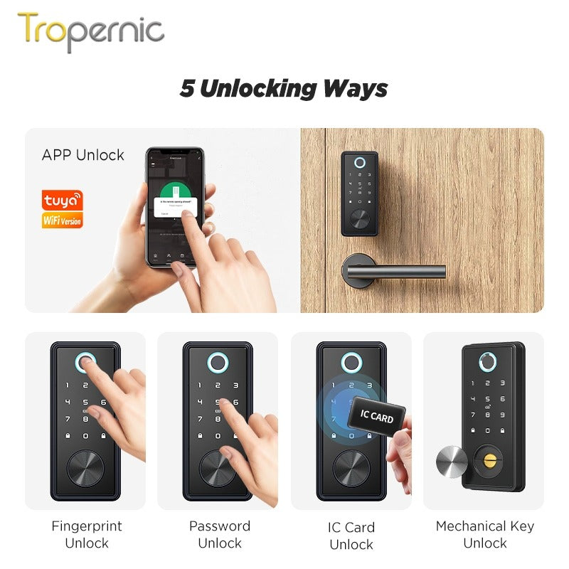 Tropernic T1 Tuya Smart Door Lock WiFi Remote Unlock Digital Password IC Card Biometric Fingerprint Unlock Fully Automatic Electric Deadbolt