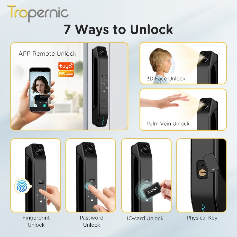 Tropernic Z37 7 In 1 Tuya Smart Door Lock with HD Camera Video Surveillance APP Remote Unlock Fully Automatic Security Door Digital Lock Face Palm Print Unlock Kunci Pintu Rumah
