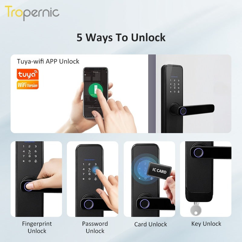 Tropernic H03 5 In 1 Tuya Smart Door Lock with Doorbell Password Digital Lock with Electronic Anti-Lock Fingreprint Kunci Pintu Rumah for Home
