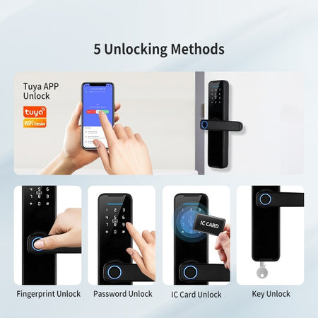 Tropernic K7 5 In 1 Tuya WiFi Smart Door Lock พร้อมออด ปลดล็อกระยะไกลผ่านแอป ล็อกประตูแบบดิจิทัล ลายนิ้วมือ ล็อกอิเล็กทรอนิกส์แบบใส่รหัสผ่านสำหรับประตูบ้านไม้