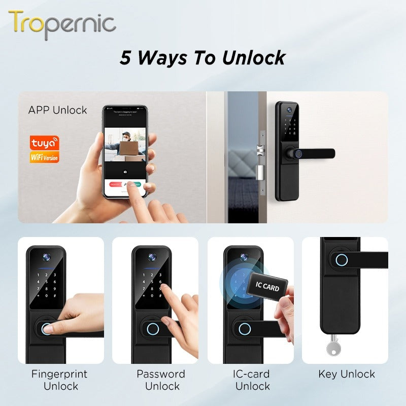 Tropernic H01PRO Tuya Smart Lock With Security Camera App Remote Unlock 5 In 1 Digital Lock With Doorbell For Home Fingerprint Password IC Card Key Unlock