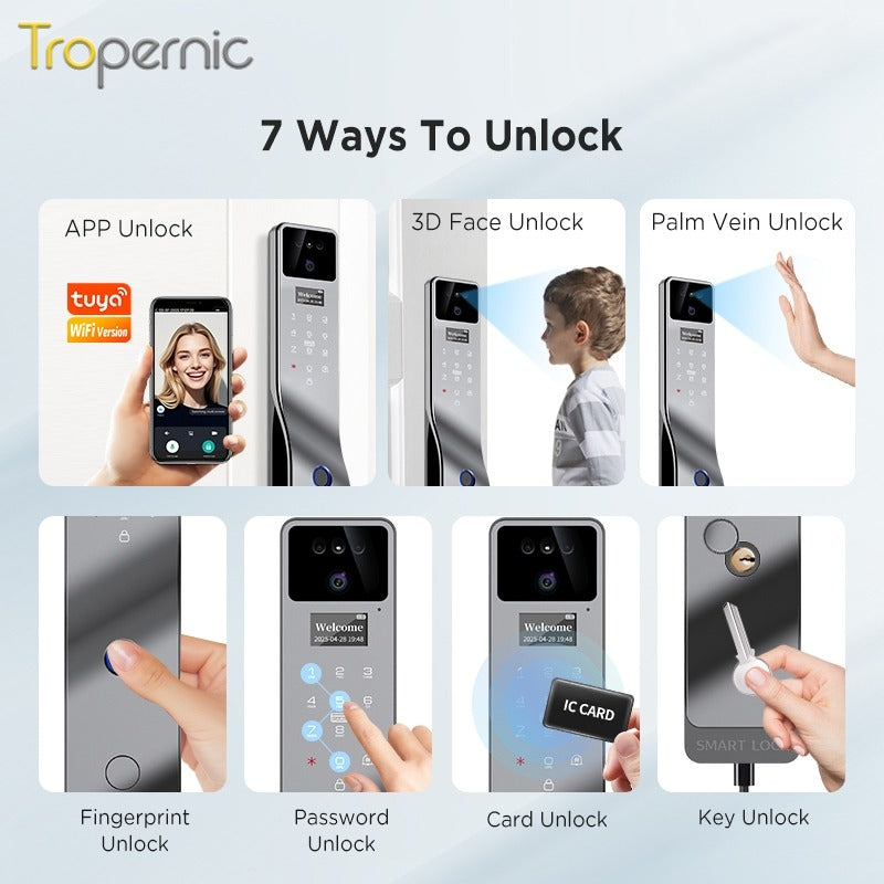 Tropernic F7 7 In 1 Tuya Fully Automatic Smart Door Lock with HD Camera Palm Unlock Video Surveillance 6068 Security Door Lock APP Remote Unlock Keyless Digital Lock Support Two Way Intercom
