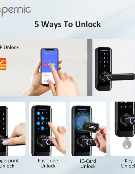 Tropernic A233 5 in 1 Tuya WiFi Smart Door Lock with Doorbell Tempered Glass Panel APP Remote Unlock Fingerprint Digital Lock Password Electronic Lock with Anti Lock Button for Wooden Door