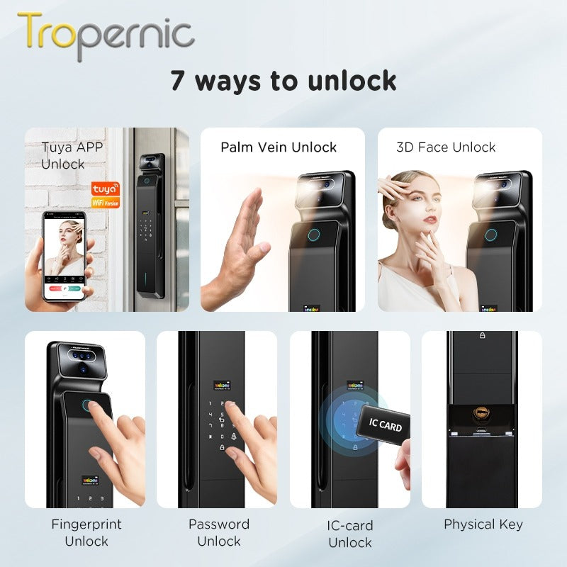 Tropernic V10 7 In 1 Tuya Smart Door Lock with Security Camera 3D Facial Recognition Fully Automatic Digital Lock Palmprint Unlock Intercom Security Door Lock