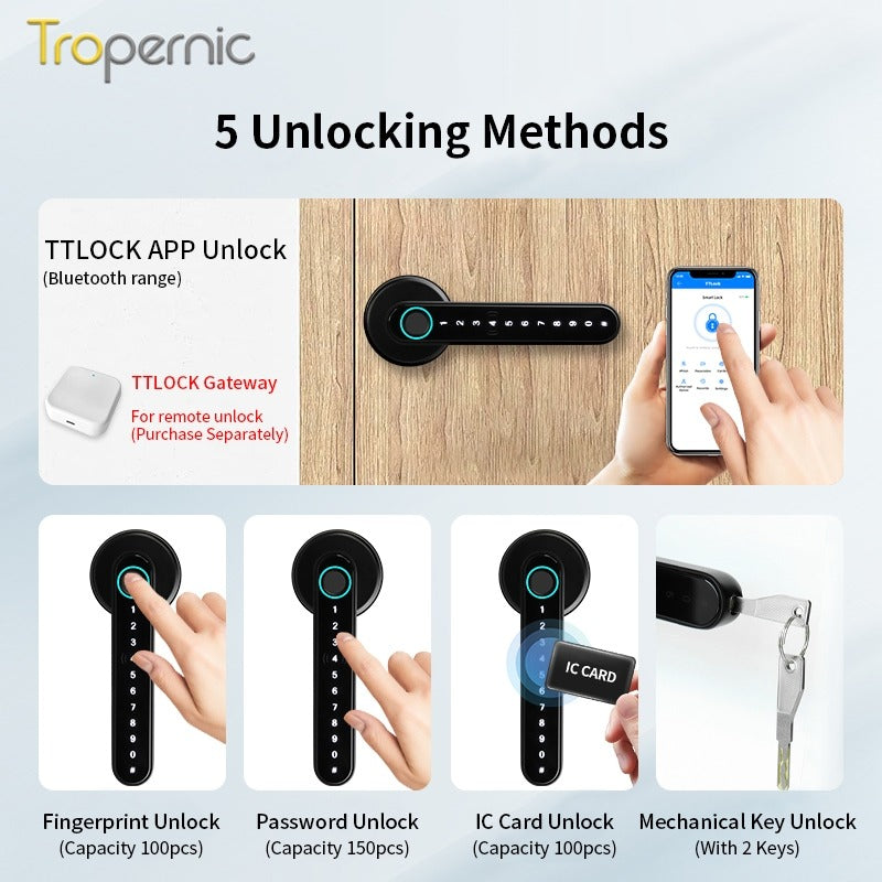 Tropernic C6 TTLOCK 5 In 1  Digital Door Lock APP Remote Unlock Anti Theft Fingerprint Handle Password Smart Lock 60/70MM Single Latch For Bedroom Home Hotel