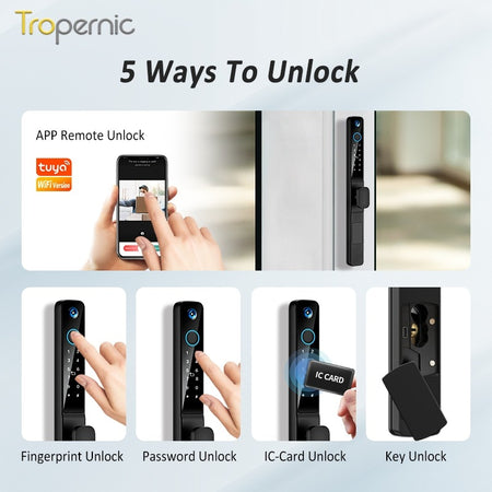 Tropernic Y02 Tuya WiFi Smart Door Lock พร้อมกล้องรักษาความปลอดภัย ล็อคประตูแบบเลื่อนด้วยลายนิ้วมือพร้อมปุ่มล็อคอิเล็กทรอนิกส์ รหัสรักษาความปลอดภัยสำหรับประตูบ้านดิจิทัล