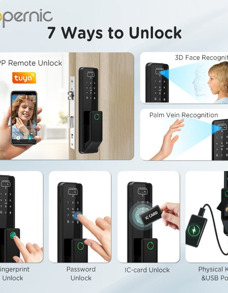 Tropernic G2-ULTRA Tuya Smart Door Lock with Video Surveillance 3D Face Palmprint Unlock Fully Automatic Digital Door Lock APP User Management Remote Unlock Fingerprint Tombol Pintu Rumah for Wooden Door