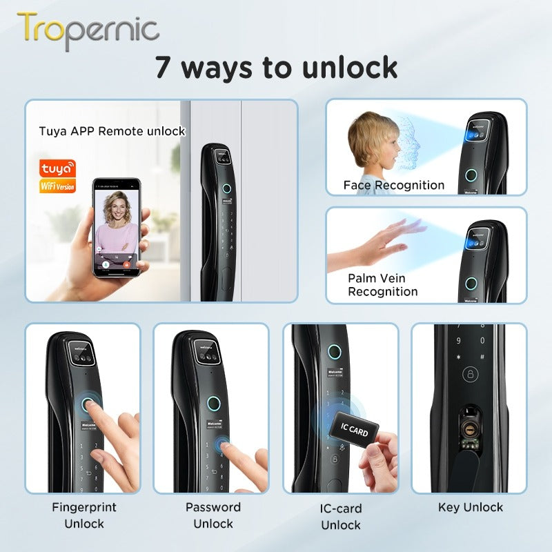 Tropernic N18 7 In 1 Tuya Smart Door Lock with HD Security Camera Video Surveillance Fully Automatic Safety Door Digital Lock with Intercom Function