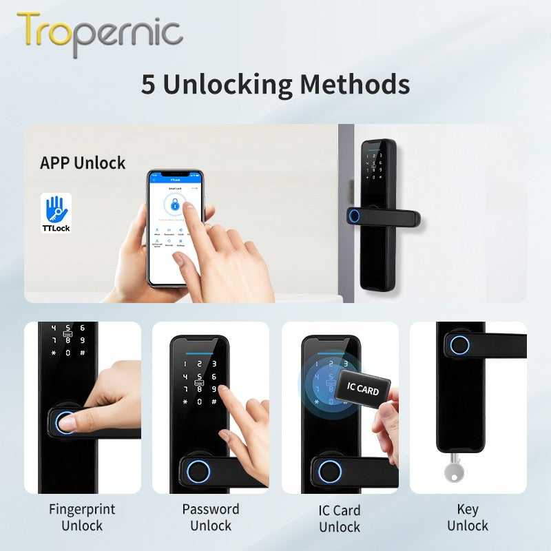 Tropernic K7 5 In 1 TTLOCK Smart Door Lock Fingerprint Lock Pintu Rumah APP Remote Unlock Password Digital Lock for Woodern Door APP Management Google Home Amazon Alexa
