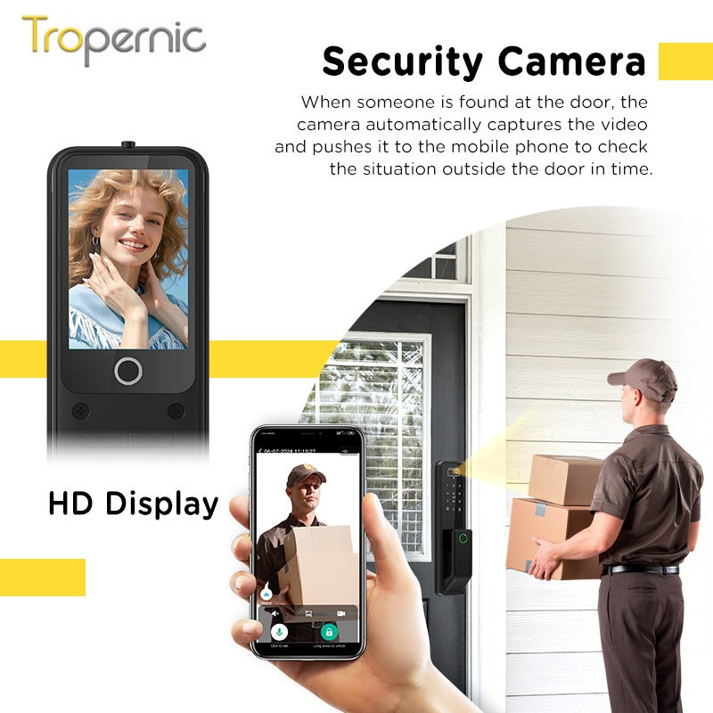 Tropernic G2-ULTRA Tuya Smart Door Lock with Video Surveillance 3D Face Palmprint Unlock Fully Automatic Digital Door Lock APP User Management Remote Unlock Fingerprint Tombol Pintu Rumah for Wooden Door